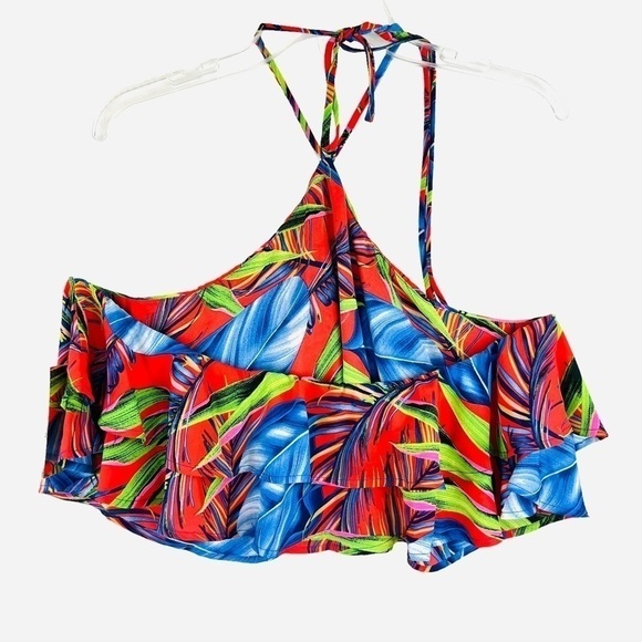 New-shop17 Two Pc Set Tropical Multi color, Ruffled Top Wide Leg Neck Tie Pants - Picture 7 of 16